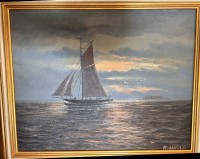Auktion 360 / Los 4013 <br>B. Hasse "Kutter vor Helgoland", Öl/Malfaser, gerahmt, RG 50x60 cm