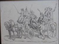Auktion 360<br>Luigi FERRARI (1810-1894) 1836, "satirische Kutschfahrt", Radierung, spiegelverkerkehrt in Platte signiert (letztes  Foto gespiegelt) BG 16x21 cm, ger/Glas, RG 31x36 cm,