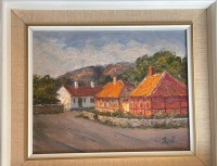 Auktion 360 / Los 4016 <br>S.A. Monogramm "Häuser auf Bornholm" Öl/Malfaser, gerahmt, RG 33x39 cm, verso betitelt