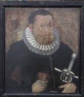 Auktion 360 / Los 4019 <br>A. Fat...(?) 1613 "Halbportrait eines Edelmannes mit Becher und Schwert", Öl/Holz, 60x53 cm, gerahmt, RG 67x60 cm