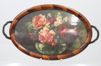 Auktion 360<br>ovales Tablett, älter, Druck hinter Glas, ca. 36,5 x 22cm, Handhaben lose