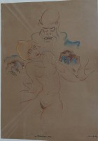 Auktion 360 / Los 4022 <br>unleserl.signiert, dat. (19)29, betitelt "La wietime", aquarellierte Zeichnung, Blatt etwas fleckig, ger/Glas, RG 74x54 cm