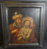 anonymer Altmeister "Ecce Homo" wohl 16/17.Jhd Öl auf Holzplatte, diese mit Riss und Wurmlöchern, reinigungsbedürftig, 27x23 cm, alt gerahmt, RG 36x32 cm