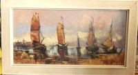 Auktion 360 / Los 4047 <br>unleserl. signiert "Fischerboote  am Ufer" Öl/Leinen, gerahmt,  RG 55x96 cm,
