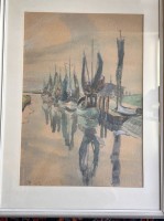 Auktion 360 / Los 4050 <br>Richard CURDES (1891-1974),, 1962  "Kutter im Dorumer Hafen" Mischtechnik, ger/Glas, RG 78x58 cm
