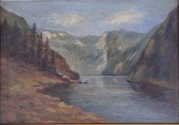 Auktion 360 / Los 4054 <br>unleserl. signiert (Peters-..) "Bergsee", Öl/Pappe, alt gerahmt, RG 51x41 cm