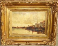 Auktion 361<br>Dirk JANSEN (1878-1952) "Blick auf Amsterdam" Öl/Holz, leicht restaurierungsbedürftig, gerahmt, Tahmen mit div. Schäden, RG 52x64 cm