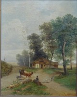 Auktion 361<br>Wallner o.ä.,  Landstrasse mit Tieren, Öl/Leinen, eine hinterlegte Stelle,  alt gerahmt, RG 76x62 cm, Sperrgut!