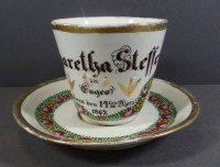 Auktion 361<br>grosse Biedermeier-Tasse, Patengeschenk, dat. 1862, Goldrand   berieben "KPM" Krister, ca. H-8,3cm