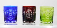 Auktion 361<br>3x Whisky-Gläser, Buntglas, Nachtmann, beschliffen, ca. H-9cm