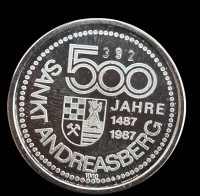Auktion 361<br>Feinsilber-1000- Gedenkmedaille "500 Jahre St. Andreasberg", D-30 mm, st.