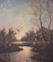 Auktion 361<br>unleserl,signiert, Enten im Flug, Öl/Leiwnand, gerahmt, RG 89,5 x 79cm (Sperrgut)