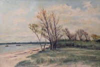 Auktion 361<br>Matern, Uferlandschaft, Öl/Hartfaser, gerahmt, RG 51,5 x 71,5cm, Rahmen beschädigt