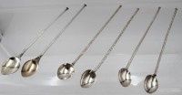 Auktion 361<br>6x Cocktail-Löffel/Strohhalme, Silber geprüft, 2 und 4, zus. ca. 58,7gr., L-28,3cm
