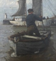 Auktion 361<br>Leonhard SANDROCK (1867-1945), Fischer im Ruderboot, Öl/Leinwand, gerahmt, RG 100 x 96cm, Sperrgut