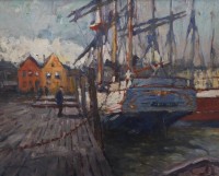 Auktion 361<br>Leonhard SANDROCK (1867-1945), Boot an der Pier wohl Helgoland, Öl/Hartfaser, gerahmt, RG 63 x 72cm (Sperrgut)