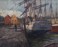 Auktion 361 / Los 4023 <br>Leonhard SANDROCK (1867-1945), Boot an der Pier wohl Helgoland, Öl/Hartfaser, gerahmt, RG 63 x 72cm (Sperrgut)