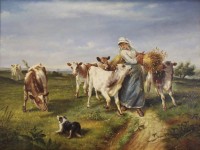 Auktion 361<br>Monogammist H.P., Bäuerin mit Kühe, Öl/Holz, gerahmt,  RG 41,5 x 51cm