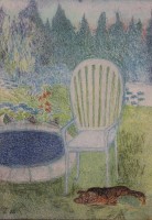 Auktion 361<br>Giesela Zittwitz (1902-1991), Gartenstuhl, Mischtechnik, verso Nachlass-Aufkleber, ger./Glas, RG 44 x 34cm