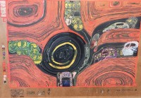 Auktion 361<br>Friedensreich Hundertwasser - Kreisverkehr der Straßengekreuzigten. 1971/1972, Farbserigraphie mit Metallprägungen in sieben Farben und reflektierender Glasstaubauflage auf braunem Teerpackpapier39 x 58,8 cm (50 x 67 cm)Am Unterrand mit dem Signaturprägestempel "Hundertwasser Regentag" sowie mit drei Prägestempel von Drucker und Verleger und drei japanischen Prägestempeln. Gedruckt von Dietz Offizin und verlegt von Ars Viva, Zürich. Eines von 3000 nummerierten Exemplaren (Prägestempel). Blatt