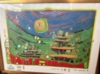 Auktion 361<br>Friedensreich Hundertwasser* (Wien 1928-2000 ), "THE HOUDES ARE HANGING UNDERNEATH THE MEADOWA", 1971/72, Blatt 9 aus dem Portfolio "Look at it on a rainy day", Prägesignatur "Hundertwasser Regentag", Siebdruck in Farbe mit Metallfolienprägung, Nummer 2197 von 3000 nummerierten Exemplaren, Darstellungsgröße ca. 40 x 59,5 cm,