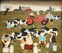 Auktion 361<br>Henry DIECKMANN (1933-2018)  1974"Melker und Kühe" naives Gemälde, gerahmt, RG 37x42 cm