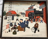 Auktion 361<br>Henry DIECKMANN (1933-2018)  1974"Am Bahnhof" naives Gemälde, gerahmt, RG 37x42 cm