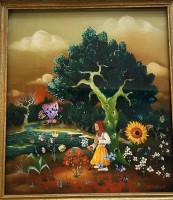 Auktion 361<br>V. Redekovic, 1973 "Mädchen im Wald" Naive Hinterglasmalerei, gerahmt, RG 38x33 cm