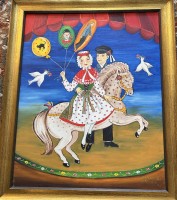 Auktion 361<br>Ilse Scholz-Sende "Junges Paar in sorbischer Tracht" 1973, Öl/Leinen, gerahmt, RG  56x47 cm, verso  Zeitungsauschnitt , auch über den naiven Maler Henry Dieckmann