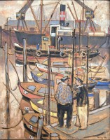 Auktion 361<br>unleser, unter Rahmen sign. Willy Men..." Hafen-Szene" Öl/Platte, gerahmt, RG 69x55 cm
