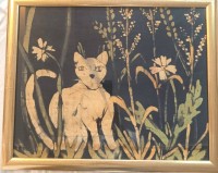 Auktion 361<br>TvO "Katze im Garten" Hinterglasmalerei, gerahmt, RG 46x55 cm