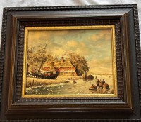Auktion 361<br>Pieter Cornelis STEENHOUWER (1896-1972)  "holländ, Wintervergnügen" Öl/Holz 25x21 cm, breit gerahmt, RG 34x51 cm