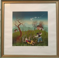 Auktion 361<br>unleserl. sign. Lithografie, naive Weinlese, Nr. 45/300, ger/Glas, RG 60x60 cm