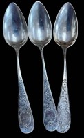 Auktion 361<br>3 Kaffeelöffel mit Ziermonogramm, Silber-800-, um 1900, L-13,5 cm, 32,3 gr.