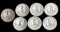 Auktion 361<br>7x Quarter Dollar, USA, 1943, 1956, 1957, 1961,1962, 2x 1964, 43,3  gr