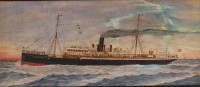 Auktion 361<br>Kapitänsbild von G.Römer, Pernambuco Hamburg -Süd vor Cuxhaven 1. Steuermann A.Wiebusch, wohl Öl/Leinwand doubliert, gerahmt, RG 44,5 x 88cm