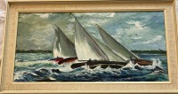 Auktion 361 / Los 4062 <br>Patto signiert "Yachten auf See vor Küste" Öl(Leinen, gerahmt, RG 69x8 cm