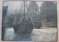 Auktion 361<br>Carl LANGHEIN (1872-1941) , Morgen im Hafen, Farblithographie, hinter Glas (leider gerissen), RG 47 x 56cm