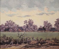 Auktion 364 / Los 4016 <br>Hans Hentschke , Blick auf Bauernkaten über Bachlauf und Feld .