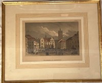 Auktion 361 / Los 5056 <br>alter, colorierter Stich "Markt in Darmstadt" , 19.Jhd., ger/Glas 24x28 cm