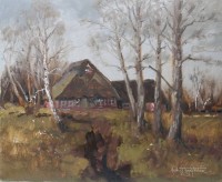 Auktion 371<br>Erich Zimmermann, Bauernkate mit B&auml;umen, &Ouml;l/Leinwand, ungerahmt,  ca. 50  x 60cm