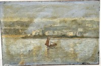 Auktion 361 / Los 4093 <br>C.F. Smith, 1052 "Fischerboot vor ital. Küstenstadt", Öl/Malfaser, reinigungsbedürftig, 20,5x30,5 cm