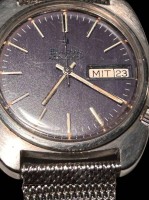 Auktion 362 / Los 2008 <br>vintage BULOVA Accutron Herrenuhr, 70er Jahre, gut erhalten, Stahl-Band  von "Fischer Glissando" D.B.G.M., , Werk nicht geprüft, blaues Ziffernblatt