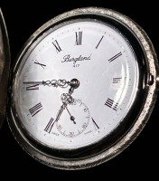 Auktion 362 / Los 2018 <br>mechan. Sprungdeckel-Taschenuhr "Bergland" Swiss, guter Zustand und läuft, Deckel mit Ziermponogramm, versilbert, D-5 cm