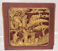 Los 15512 <br>Schrankf&uuml;llung Holzschnitzerei, vergoldet, China, &auml;lter, 26x27 cm