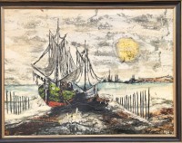 Los 4006 <br>unleserl. signiert "Fischerboote am Ufer", &Ouml;l/Platte, gerahmt, 86x108 cm (Sperrgut-ca. 36 &euro; Versand in BRD)