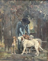 Los 4008 <br>anonymes Gem&auml;lde "J&auml;ger mit Hunden" &Ouml;l/Pappe, gerahmt, RG 67x56 cm, verso Etikett mit Namen "Brodersen" ?