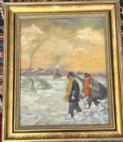 Los 4015 <br>unleser. signiert, (19)54, "Zwei M&auml;nner im Schnee" &Ouml;l/Holz, gerahmt, RG 37x31 cm