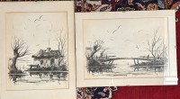 Auktion 362 / Los 5007 <br>2x unleserl. in Platte signierte Lithografien, BG 30x40 cm