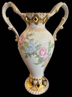 Auktion 362<br>Henkelvase "Limoges"  Rosendekor, dat. 1976, H-30 cm